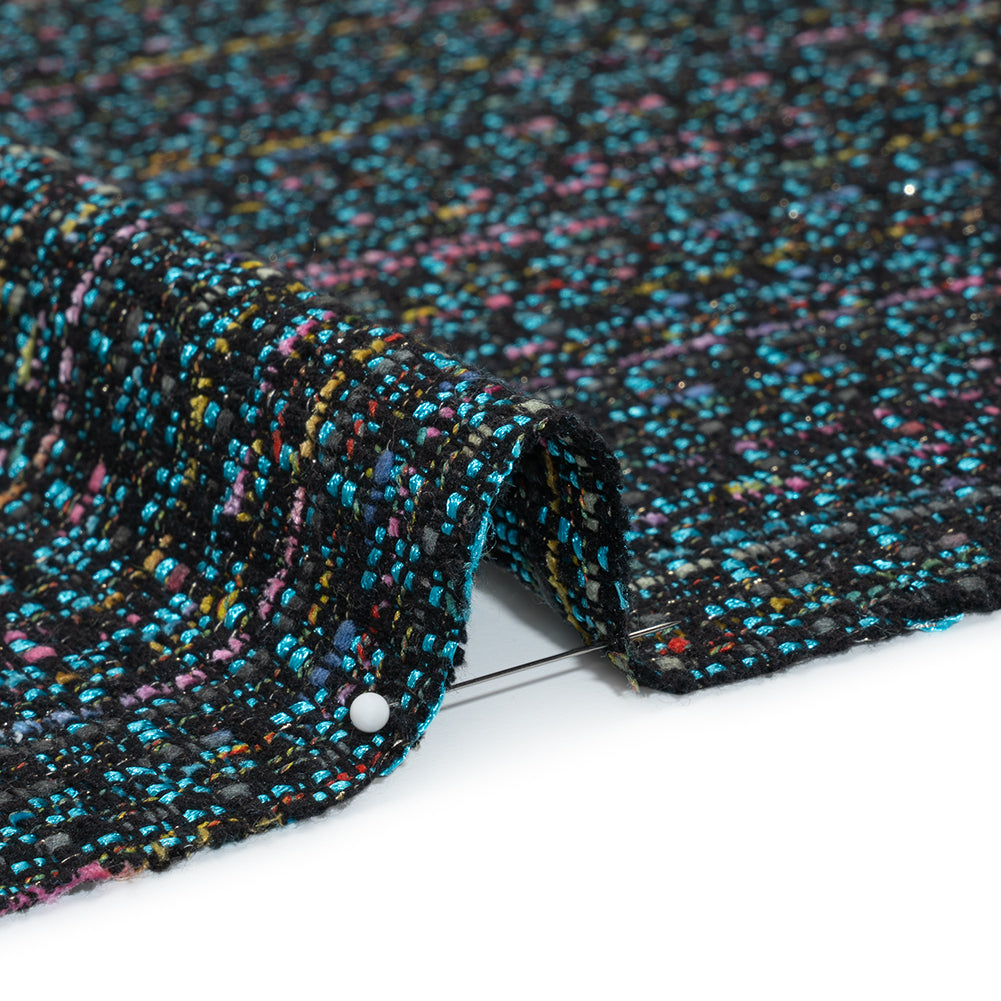 Polyester Tweed with Metallic Gold Strands - Turquoise, Black and Pink Striations - Deadstock Polyester Tweed with Metallic Gold Strands - Turquoise, Black and Pink Striations - Deadstock
