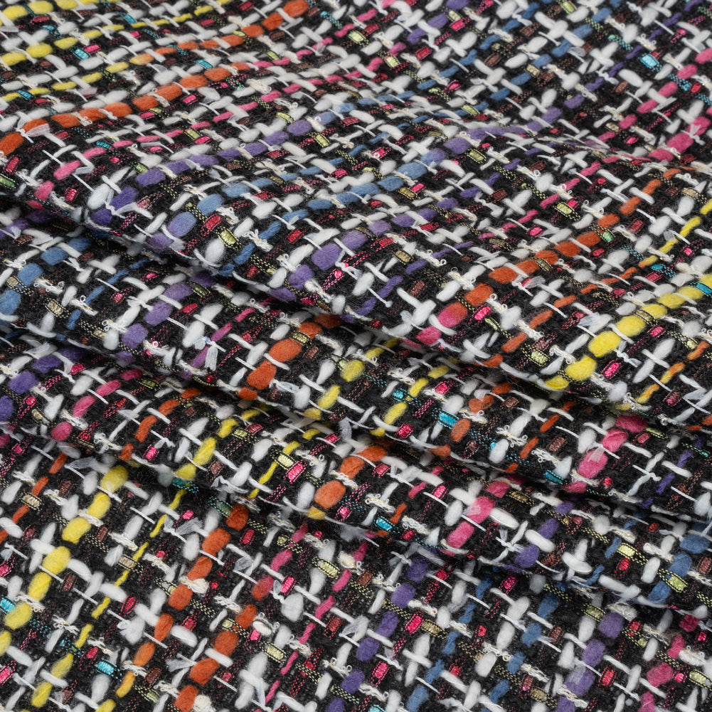 Polyester Tweed - Black, White and Rainbow Tactile Stripes Plaid - Deadstock Polyester Tweed - Black, White and Rainbow Tactile Stripes Plaid - Deadstock