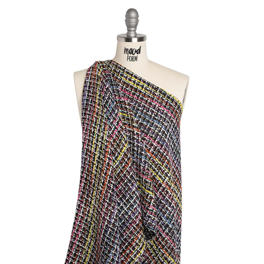 Polyester Tweed - Black, White and Rainbow Tactile Stripes Plaid - Deadstock Polyester Tweed - Black, White and Rainbow Tactile Stripes Plaid - Deadstock