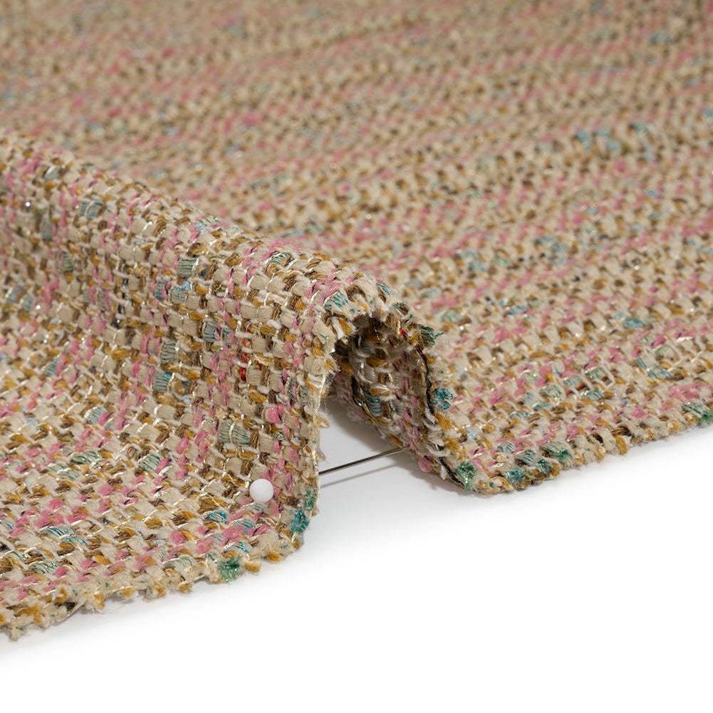 Metallic Polyester Tweed - Pink, Beige and Blue Stripes - Deadstock Metallic Polyester Tweed - Pink, Beige and Blue Stripes - Deadstock