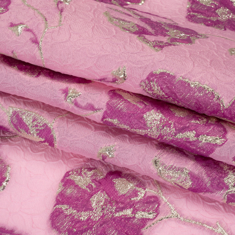 Metallic Brocade - Pink, Magenta and Gold Flowers on Flowers - Folded Metallic Brocade - Pink, Magenta and Gold Flowers on Flowers - Folded