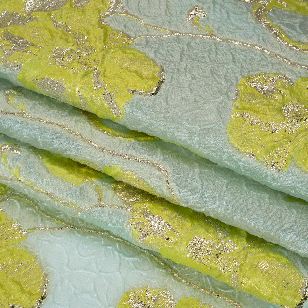 Metallic Brocade - Aqua Blue, Lime Green and Gold Flowers on Flowers Metallic Brocade - Aqua Blue, Lime Green and Gold Flowers on Flowers