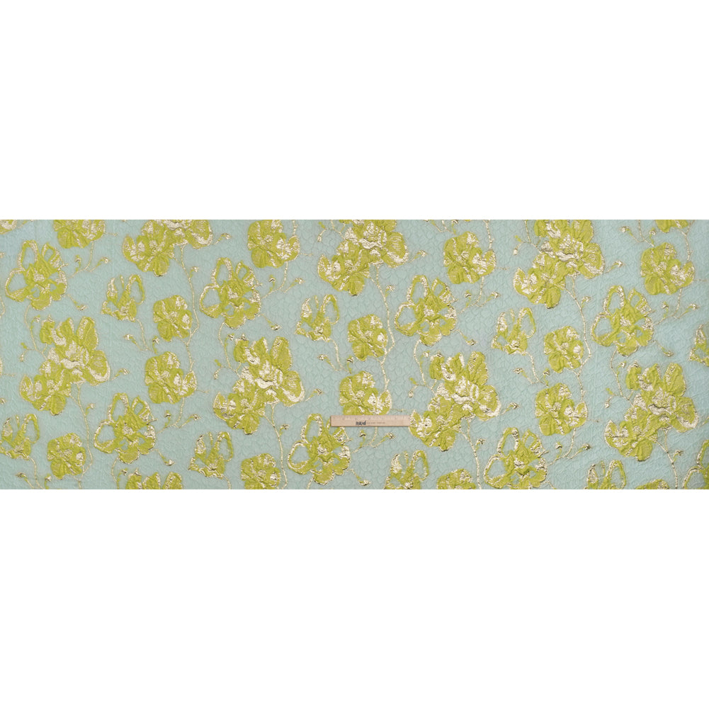 Metallic Brocade - Aqua Blue, Lime Green and Gold Flowers on Flowers Metallic Brocade - Aqua Blue, Lime Green and Gold Flowers on Flowers