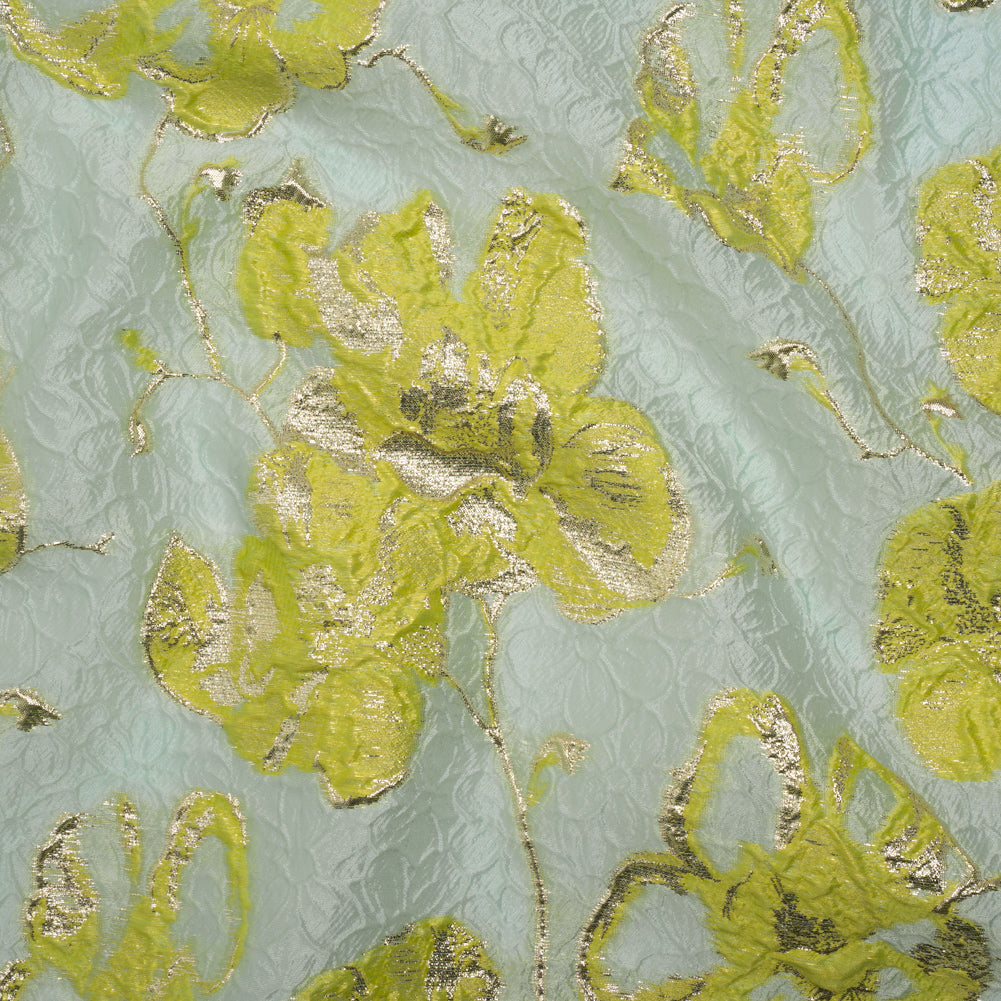 Metallic Brocade - Aqua Blue, Lime Green and Gold Flowers on Flowers Metallic Brocade - Aqua Blue, Lime Green and Gold Flowers on Flowers