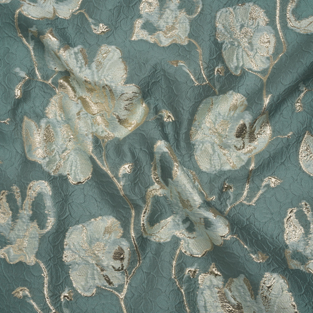 Metallic Brocade - Dusty Teal, Aqua and White Gold Flowers on Flowers Metallic Brocade - Dusty Teal, Aqua and White Gold Flowers on Flowers