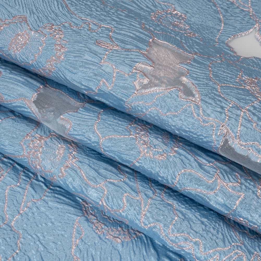 Metallic Burnout Brocade - Sky Blue and Baby Pink All-Over Outlined Flowers Metallic Burnout Brocade - Sky Blue and Baby Pink All-Over Outlined Flowers