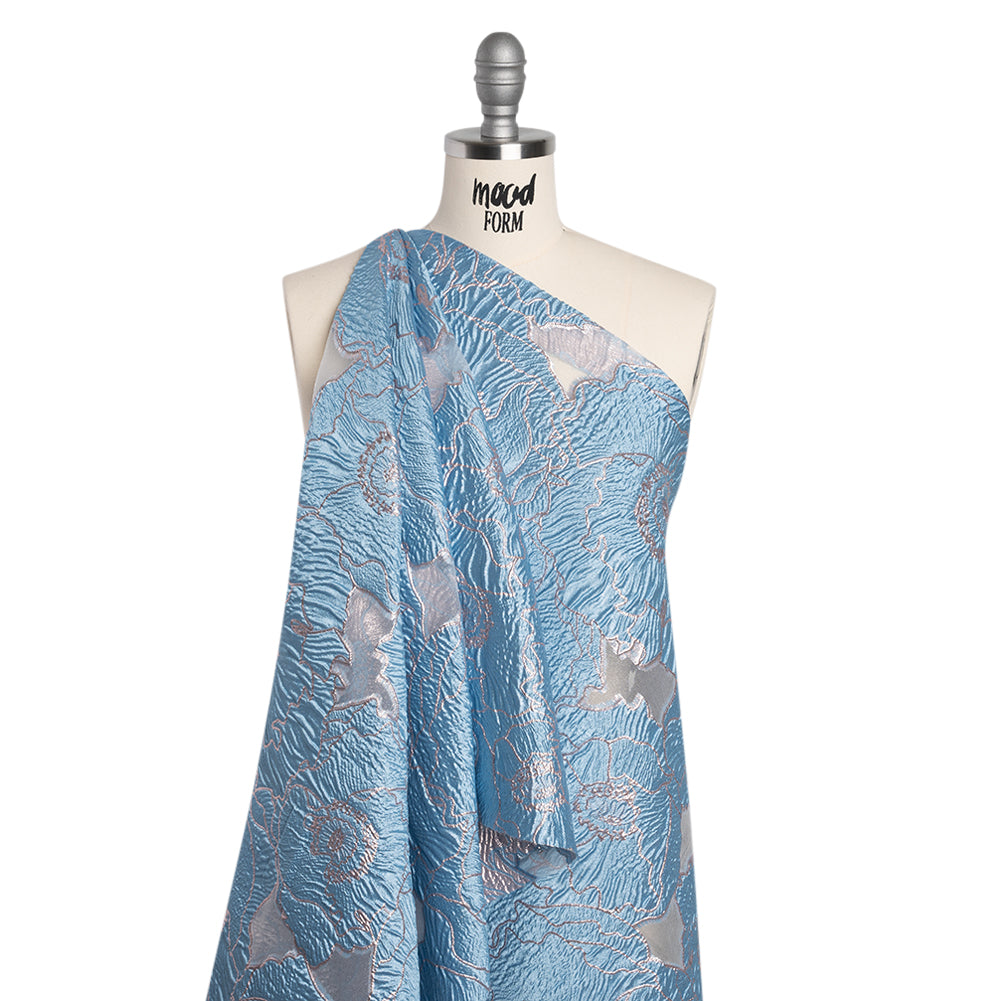 Metallic Burnout Brocade - Sky Blue and Baby Pink All-Over Outlined Flowers Metallic Burnout Brocade - Sky Blue and Baby Pink All-Over Outlined Flowers