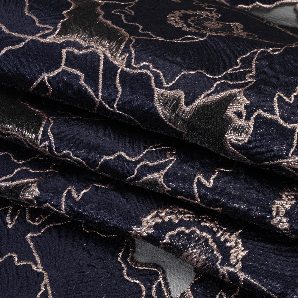 Metallic Burnout Brocade - Navy Blue and Rose Gold All-Over Outlined Flowers Metallic Burnout Brocade - Navy Blue and Rose Gold All-Over Outlined Flowers