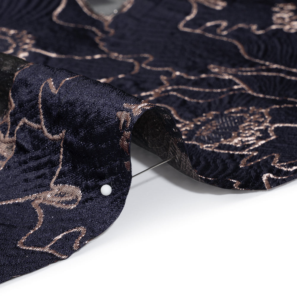 Metallic Burnout Brocade - Navy Blue and Rose Gold All-Over Outlined Flowers Metallic Burnout Brocade - Navy Blue and Rose Gold All-Over Outlined Flowers