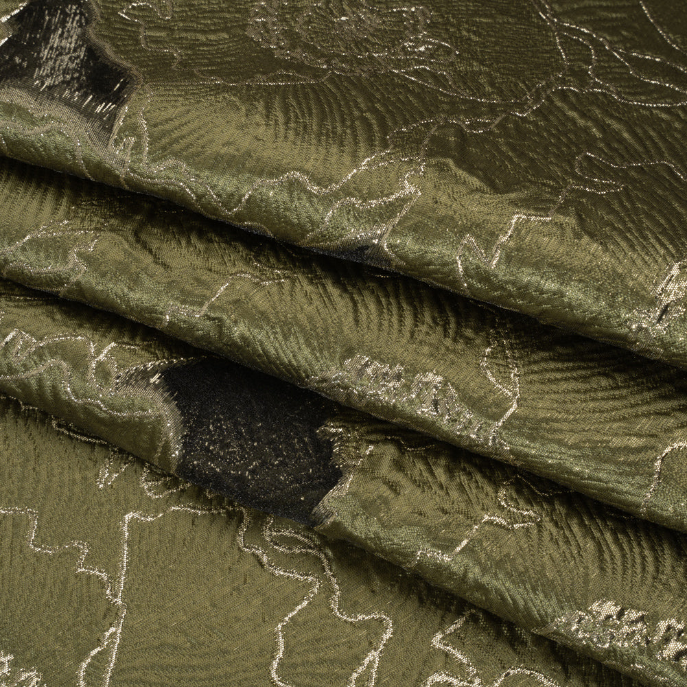 Metallic Burnout Brocade - Olive Green and Gold All-Over Outlined Flowers Metallic Burnout Brocade - Olive Green and Gold All-Over Outlined Flowers