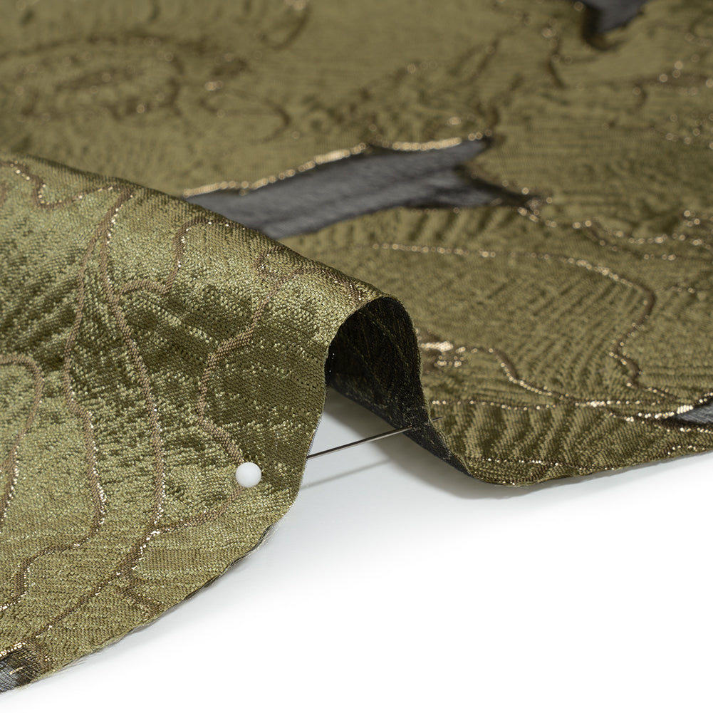 Metallic Burnout Brocade - Olive Green and Gold All-Over Outlined Flowers Metallic Burnout Brocade - Olive Green and Gold All-Over Outlined Flowers