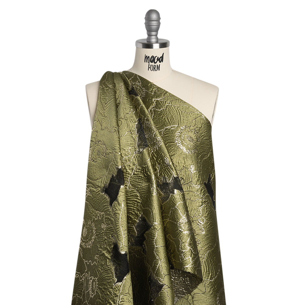 Metallic Burnout Brocade - Olive Green and Gold All-Over Outlined Flowers Metallic Burnout Brocade - Olive Green and Gold All-Over Outlined Flowers