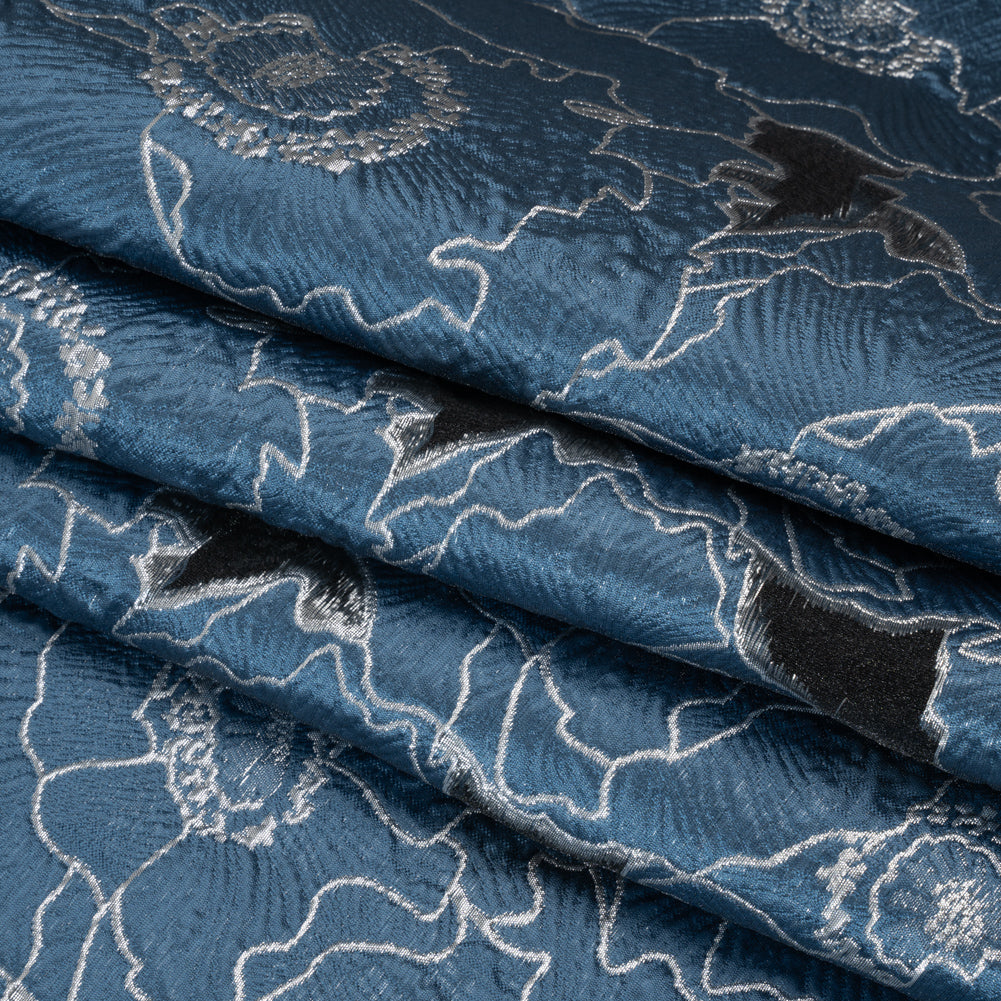 Metallic Burnout Brocade - Country Blue and Silver All-Over Outlined Flowers Metallic Burnout Brocade - Country Blue and Silver All-Over Outlined Flowers