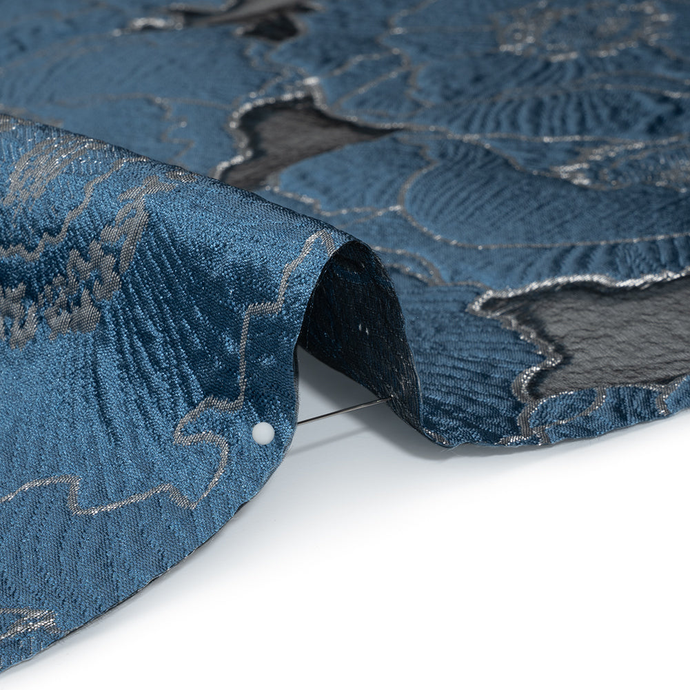 Metallic Burnout Brocade - Country Blue and Silver All-Over Outlined Flowers Metallic Burnout Brocade - Country Blue and Silver All-Over Outlined Flowers