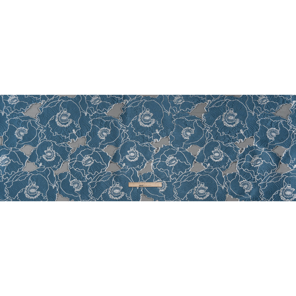 Metallic Burnout Brocade - Country Blue and Silver All-Over Outlined Flowers Metallic Burnout Brocade - Country Blue and Silver All-Over Outlined Flowers