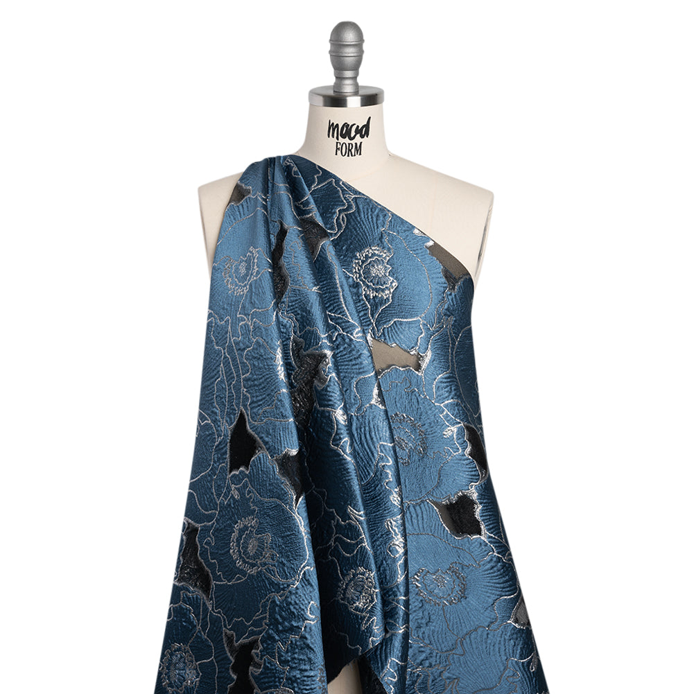 Metallic Burnout Brocade - Country Blue and Silver All-Over Outlined Flowers Metallic Burnout Brocade - Country Blue and Silver All-Over Outlined Flowers