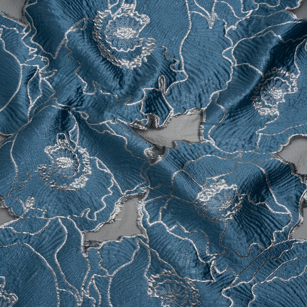 Metallic Burnout Brocade - Country Blue and Silver All-Over Outlined Flowers Metallic Burnout Brocade - Country Blue and Silver All-Over Outlined Flowers