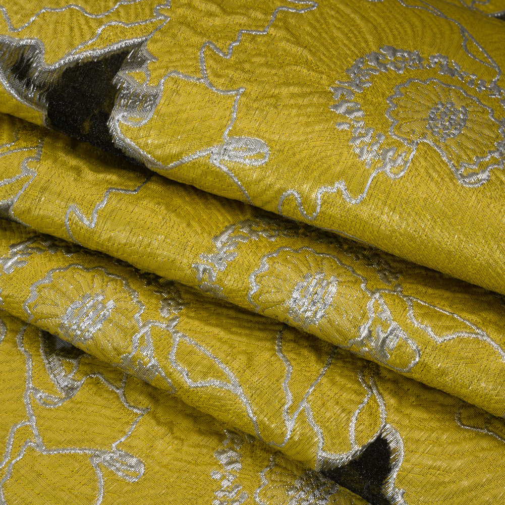 Metallic Burnout Brocade - Gamboge Yellow and Silver All-Over Outlined Flowers Metallic Burnout Brocade - Gamboge Yellow and Silver All-Over Outlined Flowers