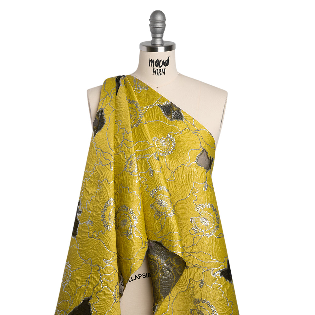 Metallic Burnout Brocade - Gamboge Yellow and Silver All-Over Outlined Flowers Metallic Burnout Brocade - Gamboge Yellow and Silver All-Over Outlined Flowers