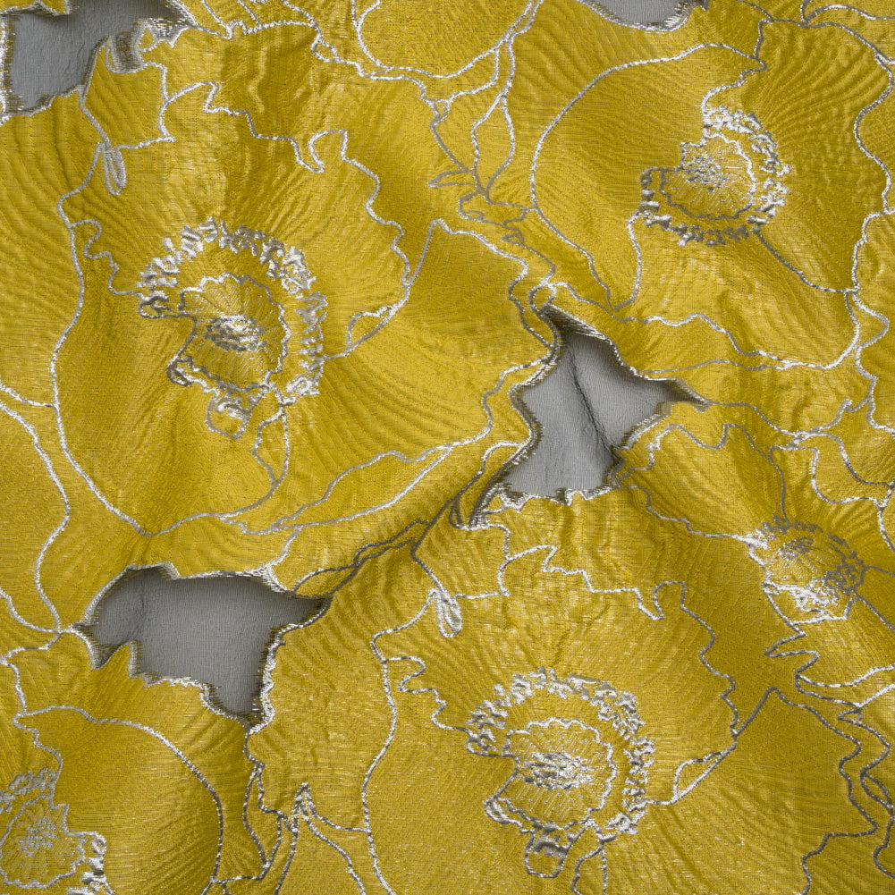 Metallic Burnout Brocade - Gamboge Yellow and Silver All-Over Outlined Flowers Metallic Burnout Brocade - Gamboge Yellow and Silver All-Over Outlined Flowers