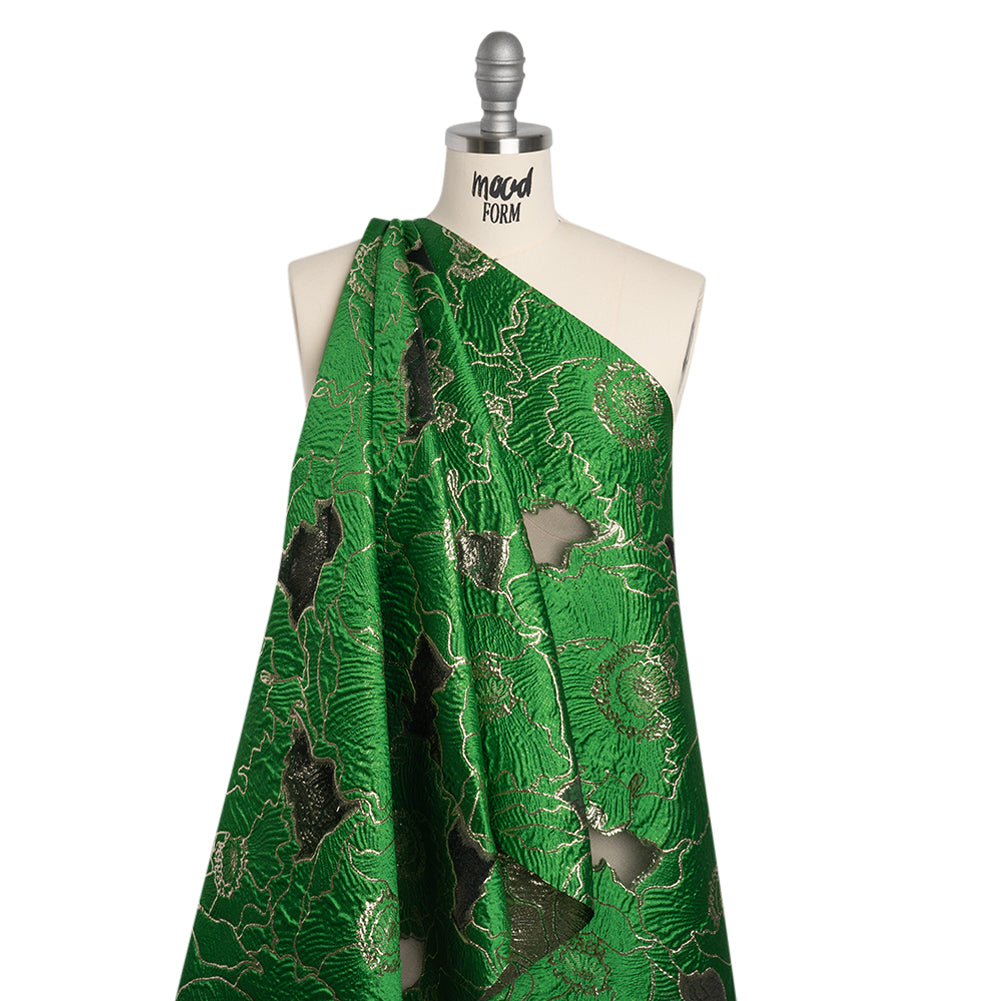 Metallic Burnout Brocade - Kelly Green and Gold All-Over Outlined Flowers Metallic Burnout Brocade - Kelly Green and Gold All-Over Outlined Flowers