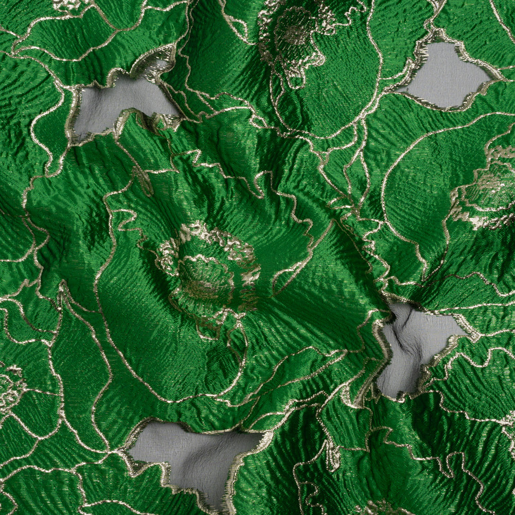 Metallic Burnout Brocade - Kelly Green and Gold All-Over Outlined Flowers Metallic Burnout Brocade - Kelly Green and Gold All-Over Outlined Flowers