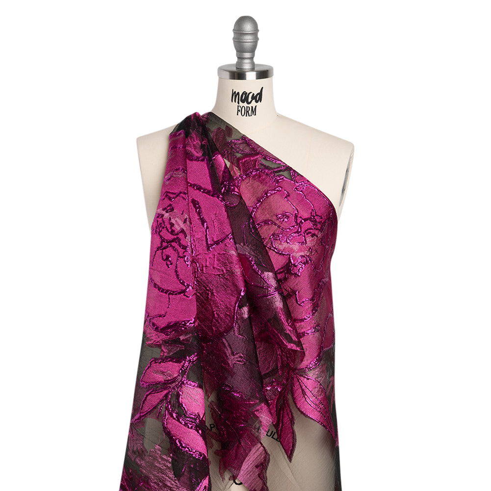 Metallic Burnout Brocade - Hot Pink, Black and Magenta Roses and Hyacinths - Drape Metallic Burnout Brocade - Hot Pink, Black and Magenta Roses and Hyacinths - Drape