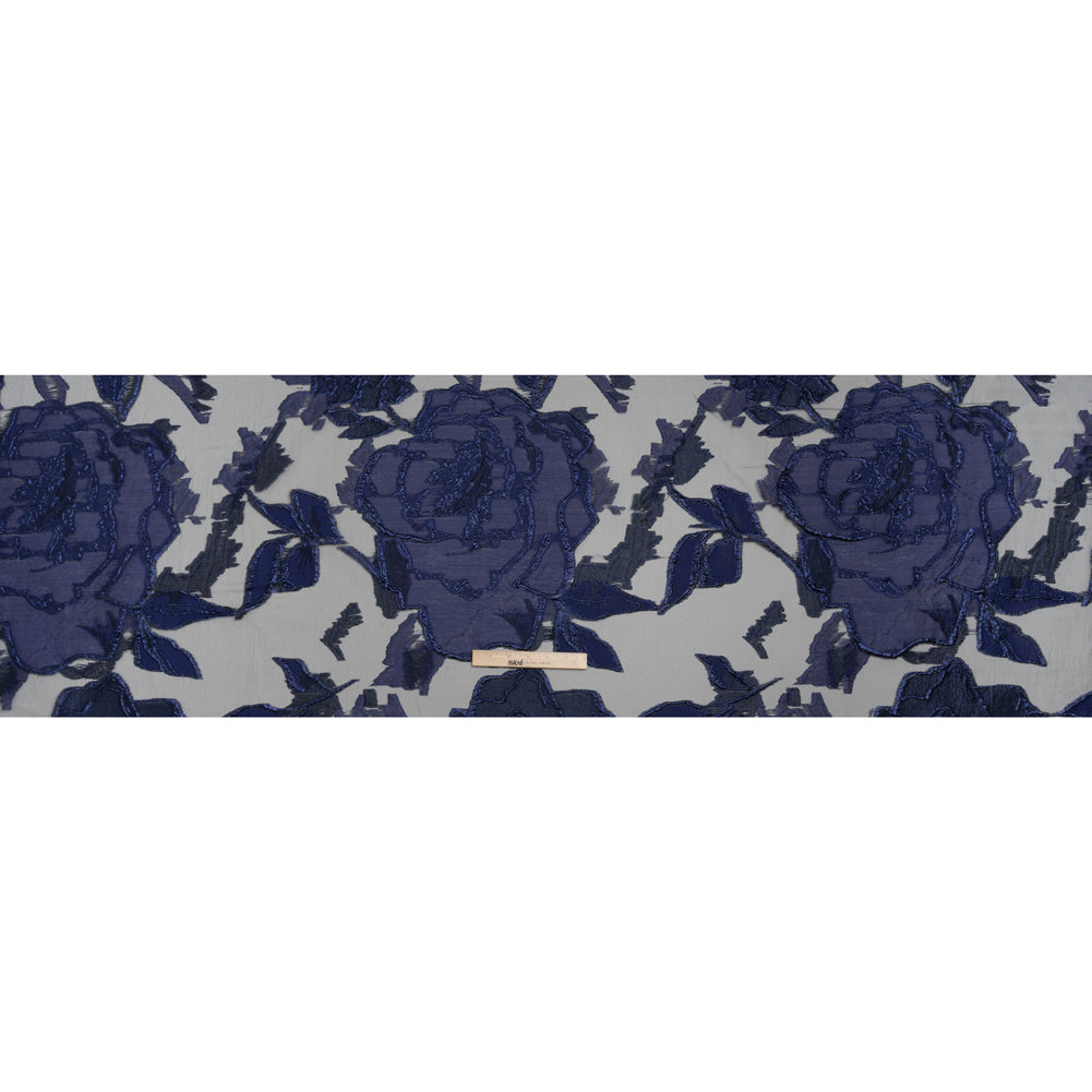 Metallic Burnout Brocade - Black and Navy Blue Roses and Hyacinths - Full Metallic Burnout Brocade - Black and Navy Blue Roses and Hyacinths - Full