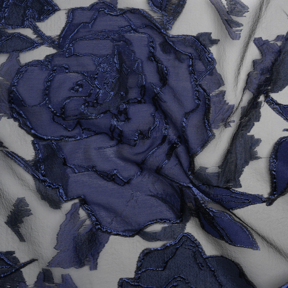 Metallic Burnout Brocade - Black and Navy Blue Roses and Hyacinths Metallic Burnout Brocade - Black and Navy Blue Roses and Hyacinths