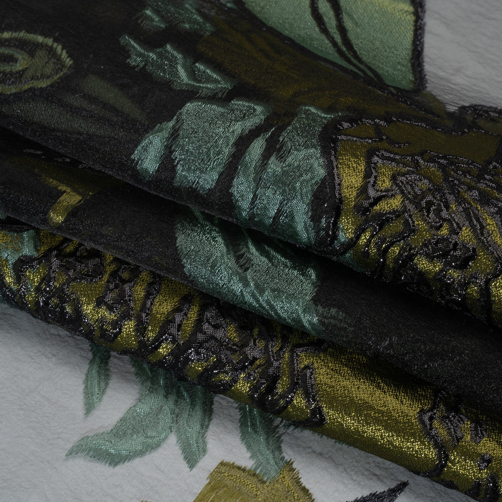 Metallic Burnout Brocade - Sage, Olive Green and Black Roses and Hyacinths Metallic Burnout Brocade - Sage, Olive Green and Black Roses and Hyacinths