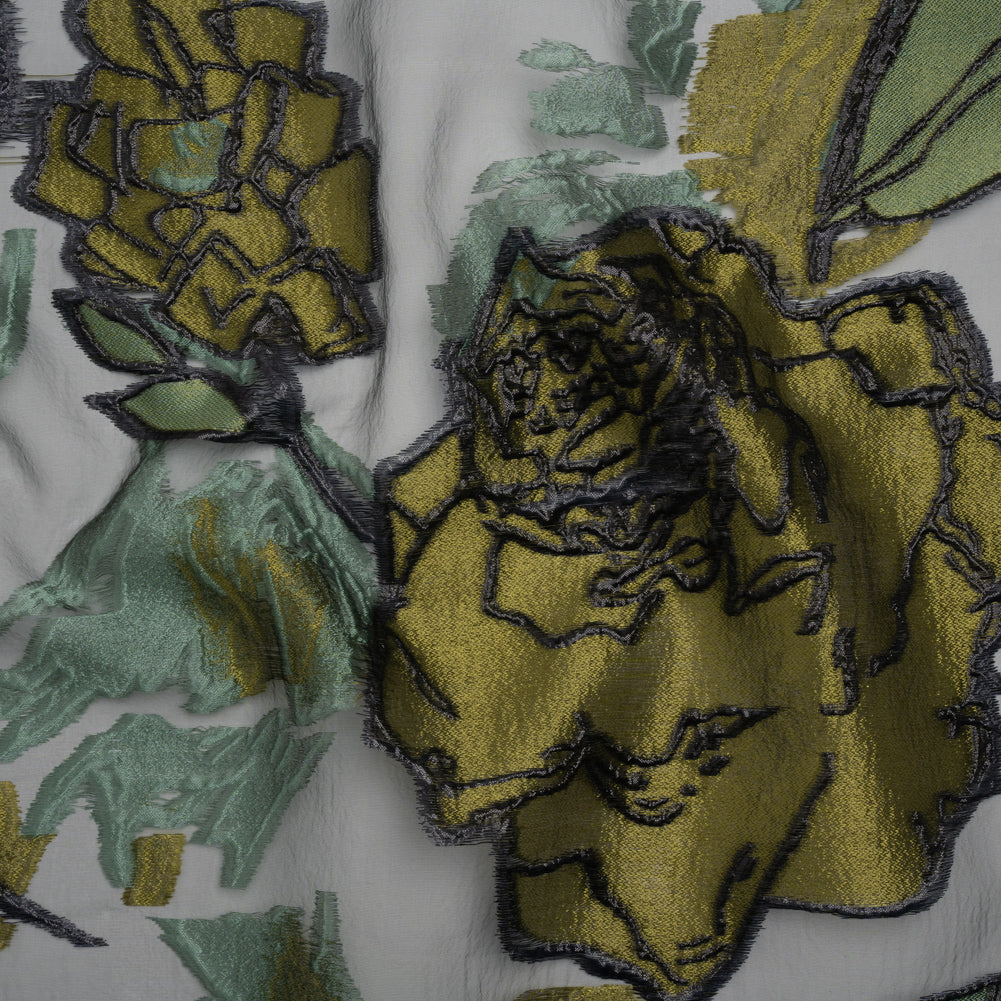 Metallic Burnout Brocade - Sage, Olive Green and Black Roses and Hyacinths Metallic Burnout Brocade - Sage, Olive Green and Black Roses and Hyacinths