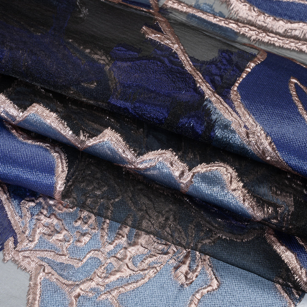 Metallic Burnout Brocade - Sky Blue, Navy and Rose Gold Roses and Hyacinths Metallic Burnout Brocade - Sky Blue, Navy and Rose Gold Roses and Hyacinths