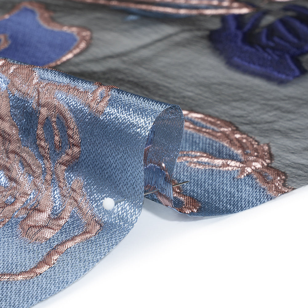 Metallic Burnout Brocade - Sky Blue, Navy and Rose Gold Roses and Hyacinths Metallic Burnout Brocade - Sky Blue, Navy and Rose Gold Roses and Hyacinths