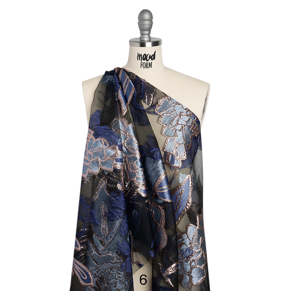 Metallic Burnout Brocade - Sky Blue, Navy and Rose Gold Roses and Hyacinths Metallic Burnout Brocade - Sky Blue, Navy and Rose Gold Roses and Hyacinths