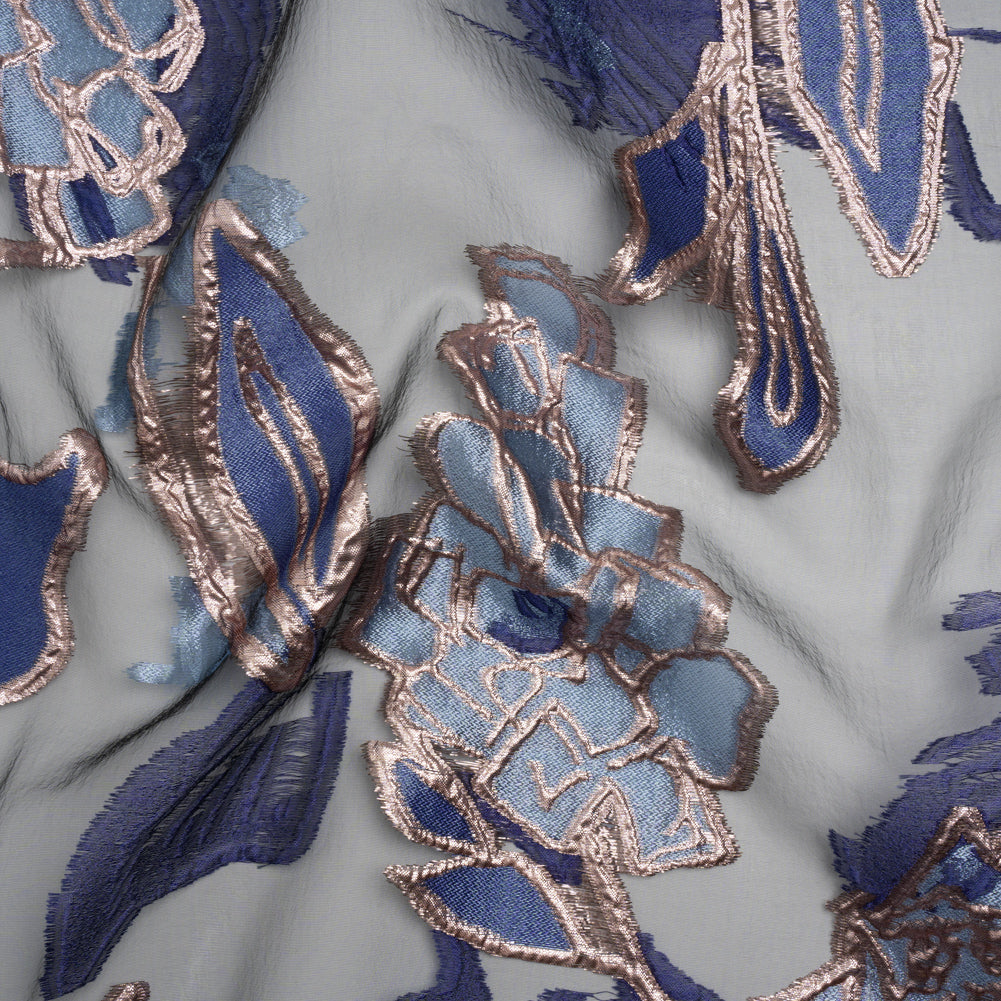 Metallic Burnout Brocade - Sky Blue, Navy and Rose Gold Roses and Hyacinths Metallic Burnout Brocade - Sky Blue, Navy and Rose Gold Roses and Hyacinths