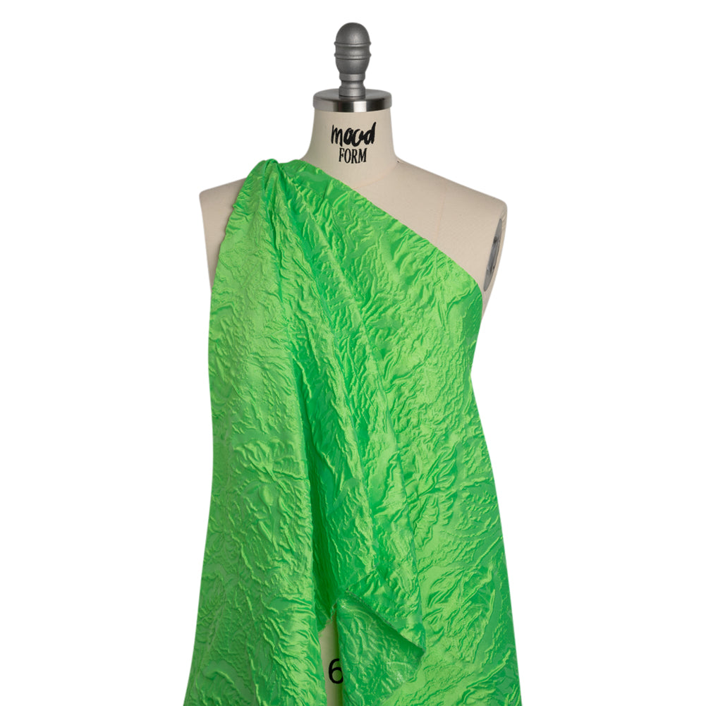 Polyester Brocade - Monochrome Lime Green Roses and Leaves Polyester Brocade - Monochrome Lime Green Roses and Leaves