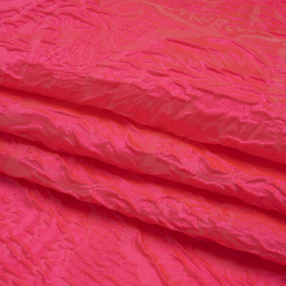 Polyester Brocade - Monochrome Neon Pink Roses and Leaves Polyester Brocade - Monochrome Neon Pink Roses and Leaves