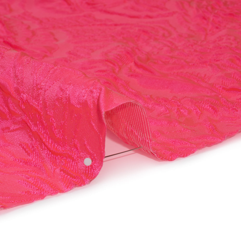 Polyester Brocade - Monochrome Neon Pink Roses and Leaves Polyester Brocade - Monochrome Neon Pink Roses and Leaves