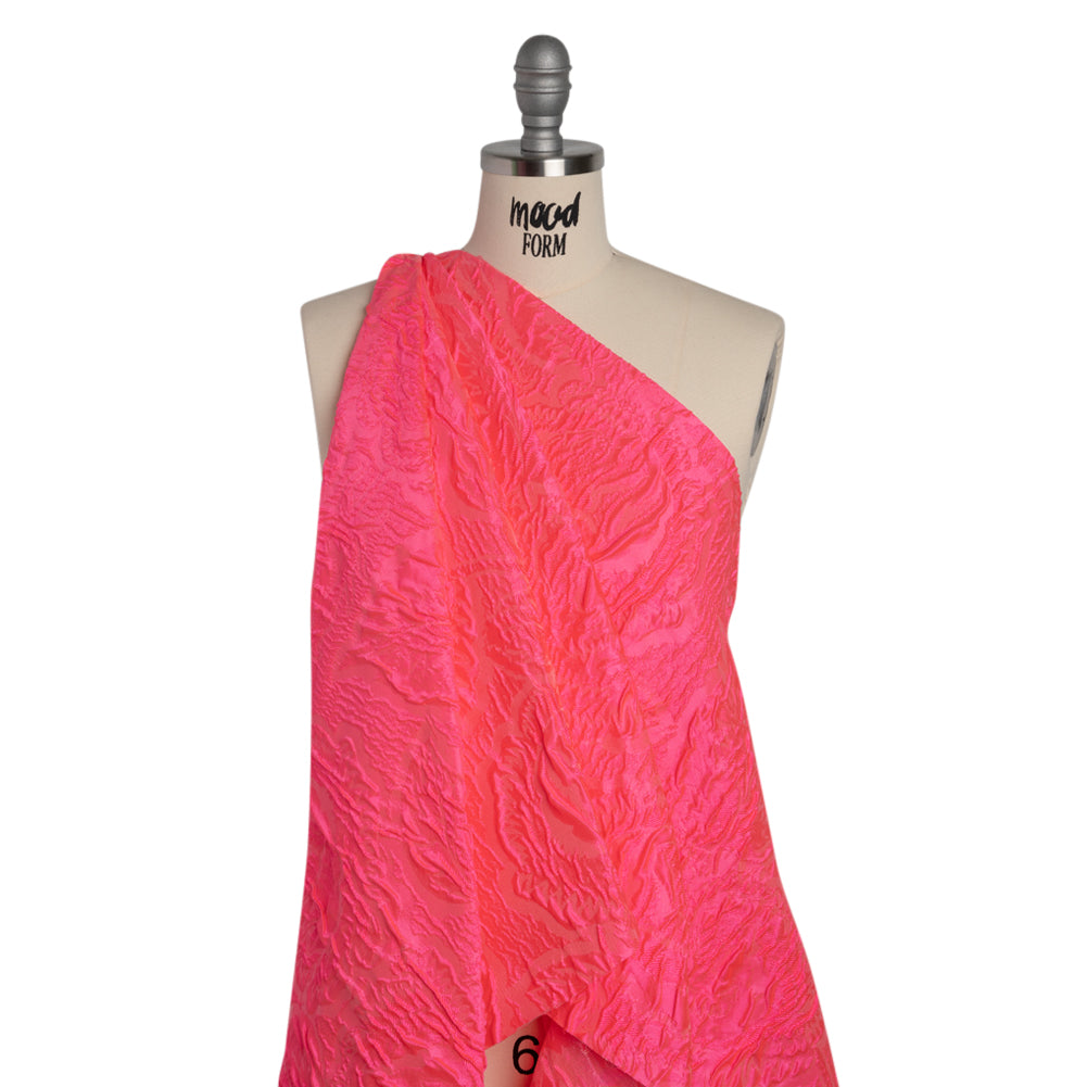Polyester Brocade - Monochrome Neon Pink Roses and Leaves Polyester Brocade - Monochrome Neon Pink Roses and Leaves