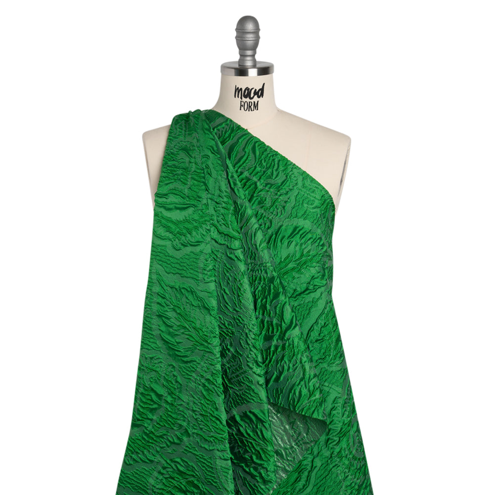 Polyester Brocade - Monochrome Kelly Green Roses and Leaves Polyester Brocade - Monochrome Kelly Green Roses and Leaves