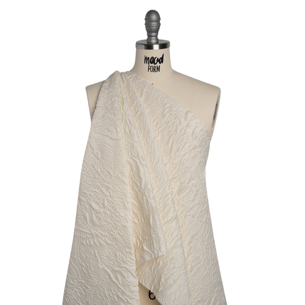 Polyester Brocade - Monochrome Ivory Roses and Leaves Polyester Brocade - Monochrome Ivory Roses and Leaves