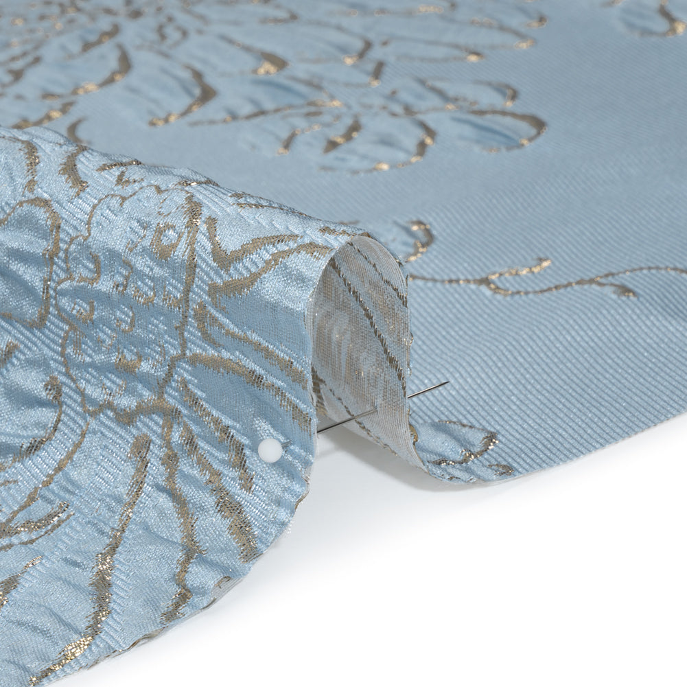 Metallic Brocade - Sky Blue and Gold Blossoming Stems - Detail Metallic Brocade - Sky Blue and Gold Blossoming Stems - Detail
