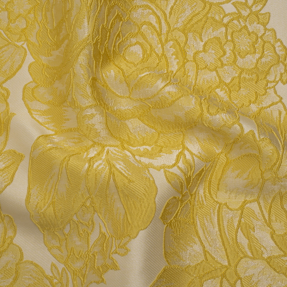 Polyester Brocade - Yellow and White Cabbage Roses Polyester Brocade - Yellow and White Cabbage Roses
