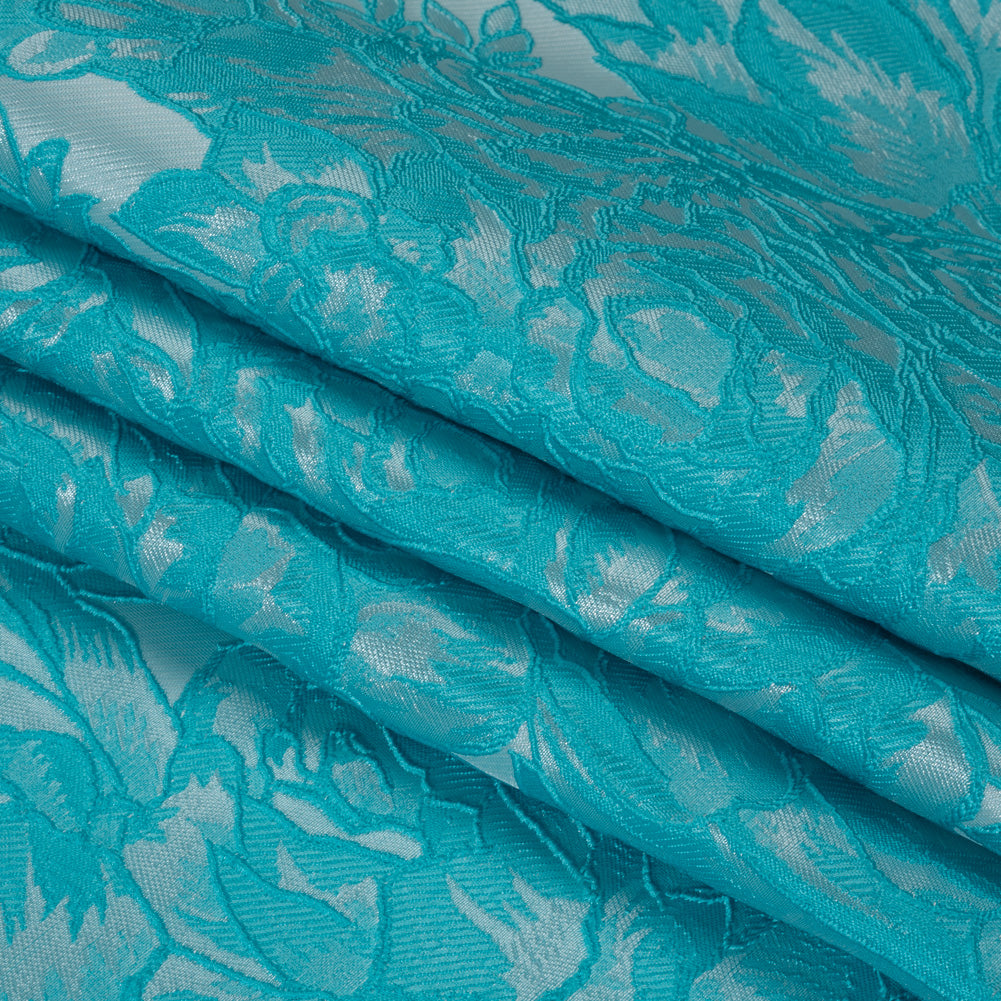 Polyester Brocade - Pale Blue and Turquoise Cabbage Roses Polyester Brocade - Pale Blue and Turquoise Cabbage Roses