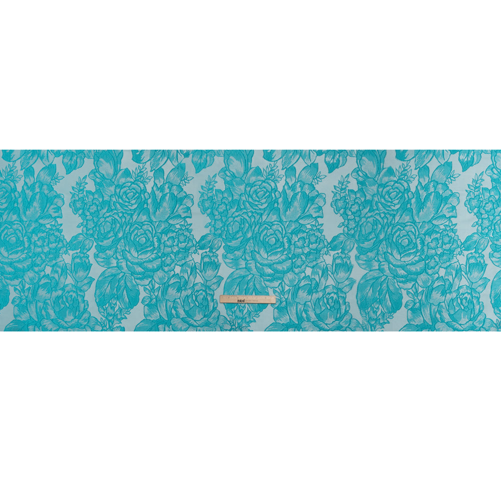 Polyester Brocade - Pale Blue and Turquoise Cabbage Roses Polyester Brocade - Pale Blue and Turquoise Cabbage Roses