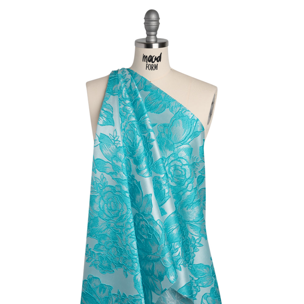 Polyester Brocade - Pale Blue and Turquoise Cabbage Roses Polyester Brocade - Pale Blue and Turquoise Cabbage Roses