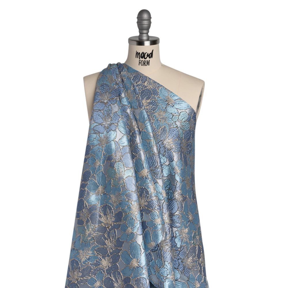 Metallic Brocade - Blue and Gold Floating Blossoms - Drape Metallic Brocade - Blue and Gold Floating Blossoms - Drape