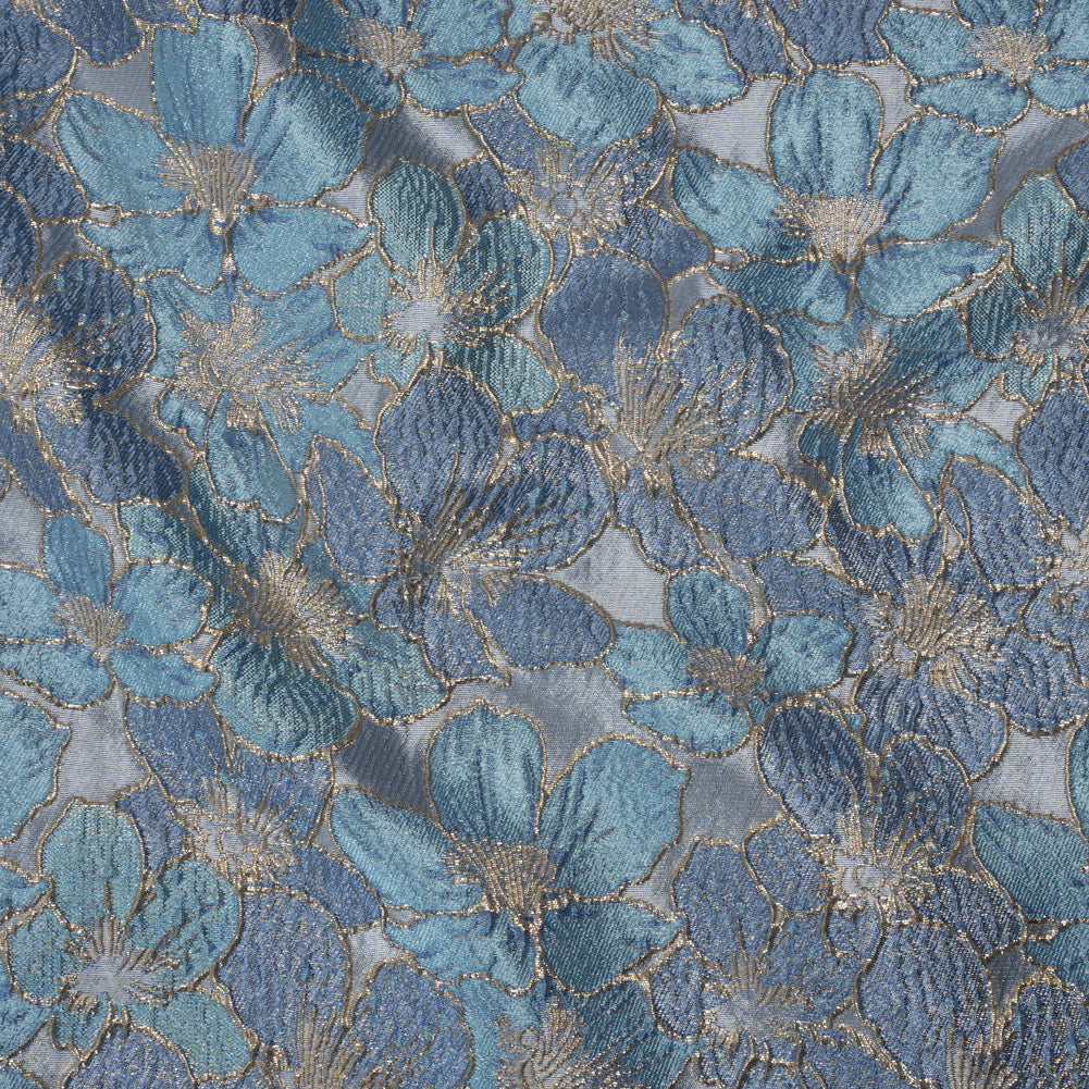 Metallic Brocade - Blue and Gold Floating Blossoms Metallic Brocade - Blue and Gold Floating Blossoms