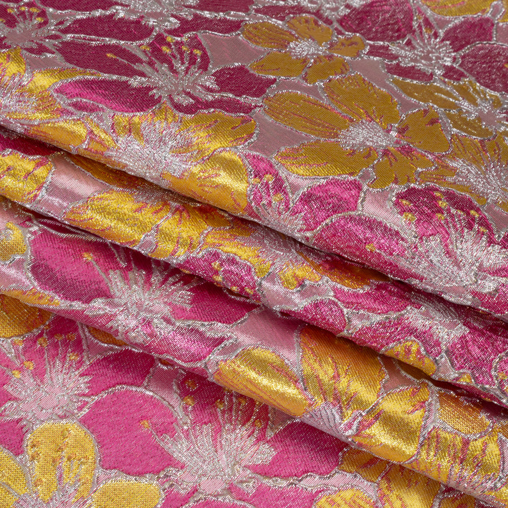 Metallic Brocade - Bright Pink, Yellow and Silver Floating Blossoms Metallic Brocade - Bright Pink, Yellow and Silver Floating Blossoms