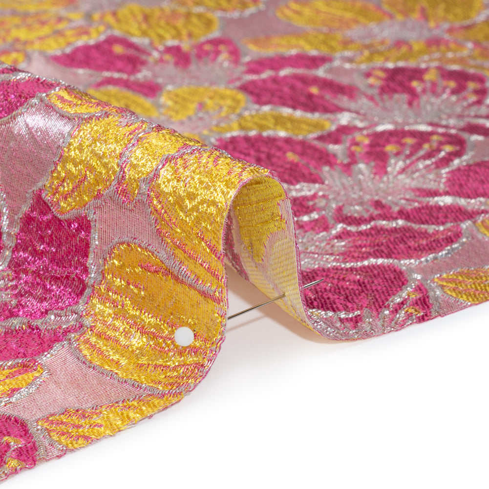 Metallic Brocade - Bright Pink, Yellow and Silver Floating Blossoms Metallic Brocade - Bright Pink, Yellow and Silver Floating Blossoms